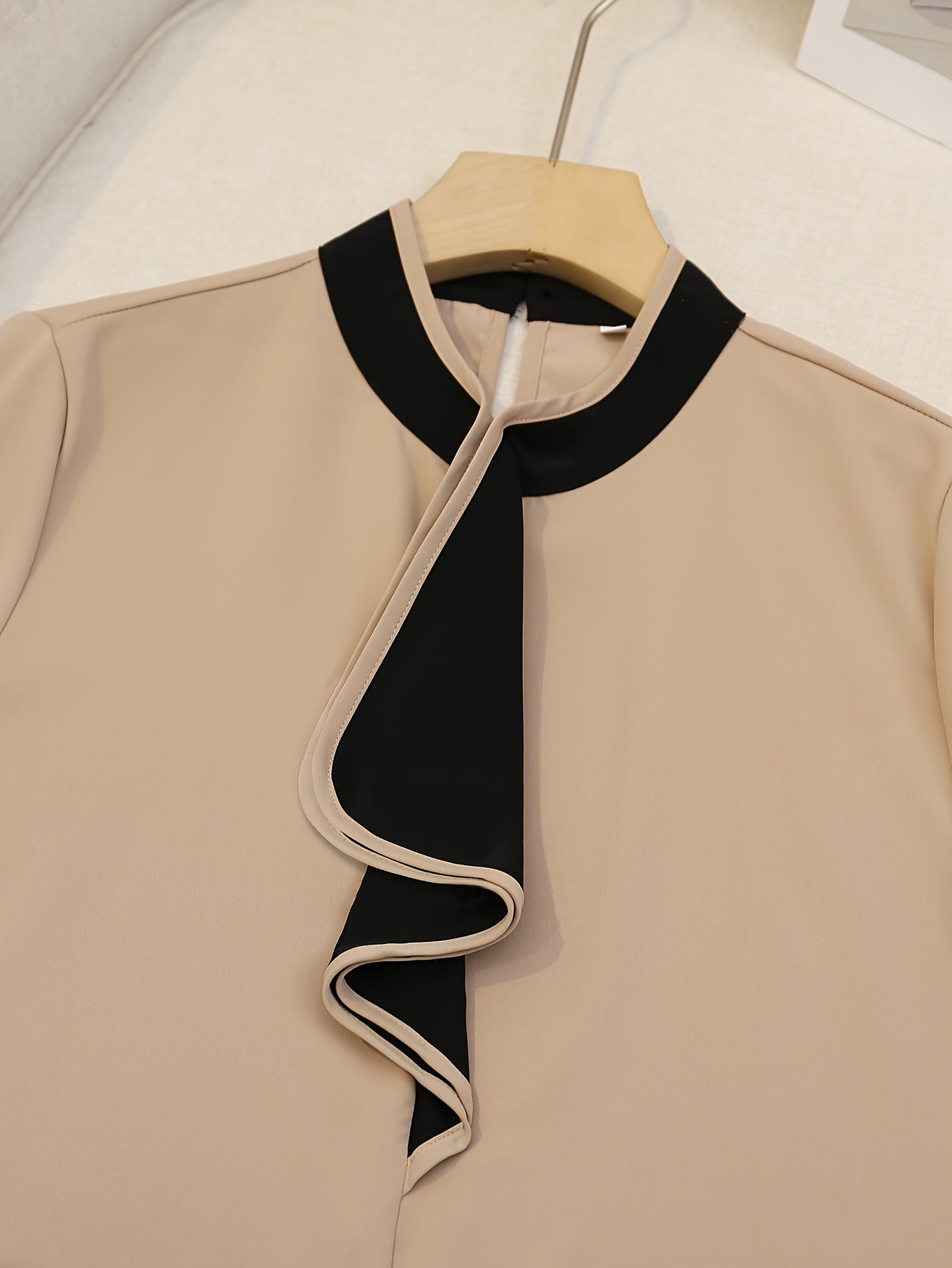 Women's Beige Blouse with Black Ruffle Trim Contrast Collar Long Sleeve Polyester All-Season Elegant Top
