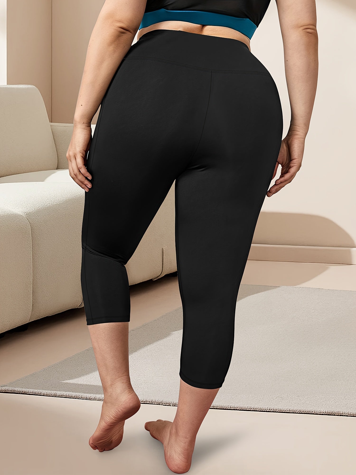 Ayollar uchun katta o'lchamli yuqori belli Capri legginslar, yon cho'ntaklar bilan