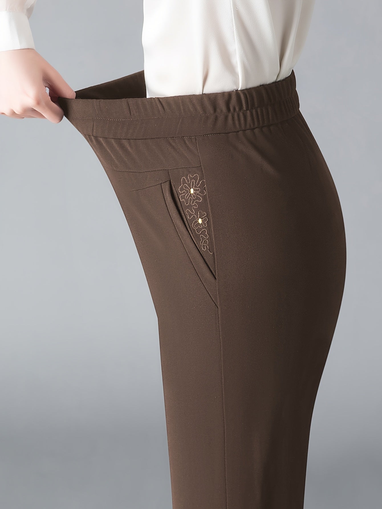 Plus Size Women's High-Waisted Stretch Pants Straight-Leg Dark Brown Black All-Season Formal Casual