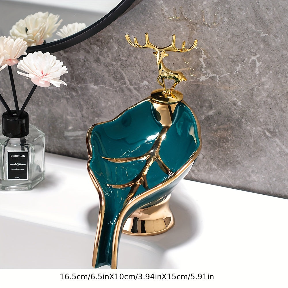 Ceramic Leaf-Shaped Soap Dish with Self-Draining for Bathroom Sink Storage