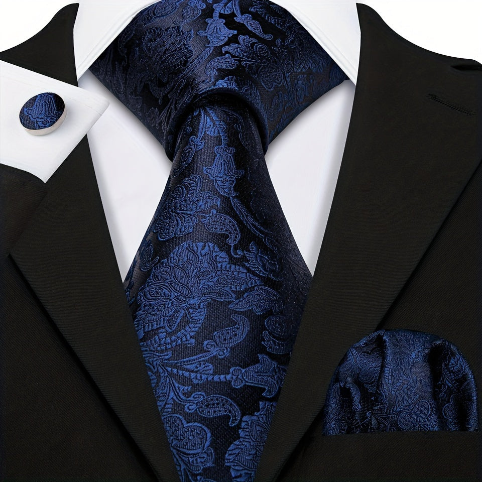 Men's Floral Woven Tie Set with Cufflinks and Handkerchief for Wedding or Formal Events