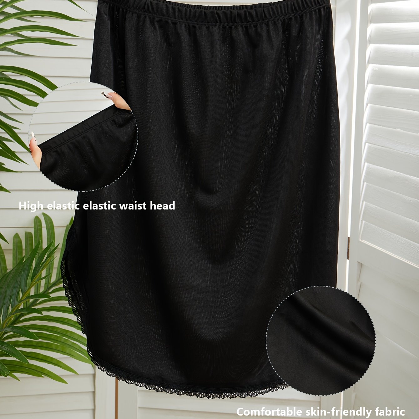 Women Plus Size Lace Trim Safety Slip Skirt High Waist Breathable Light Beige