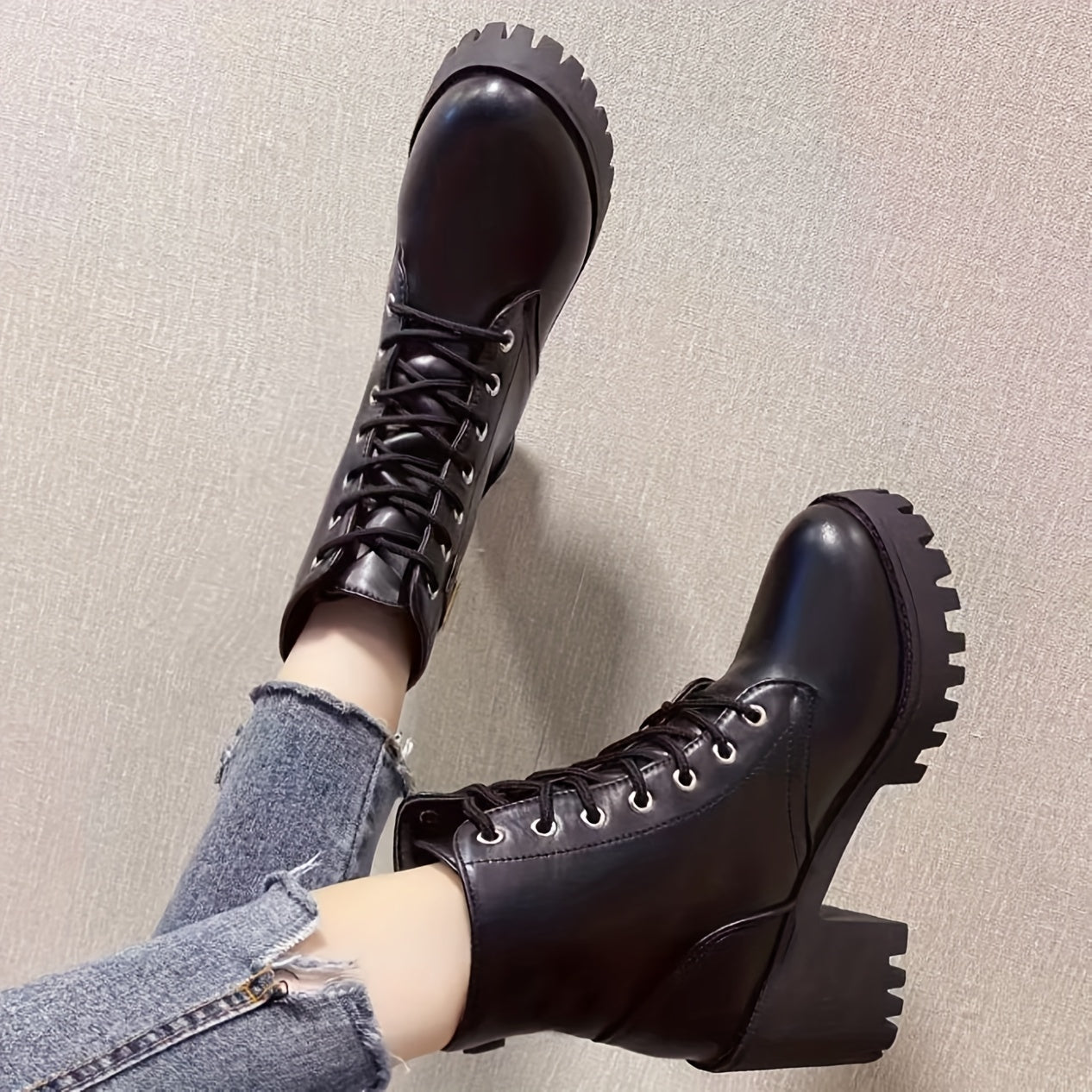 Women's Ankle Boots Black PU Platform Lace-Up High Heels Durable Sole