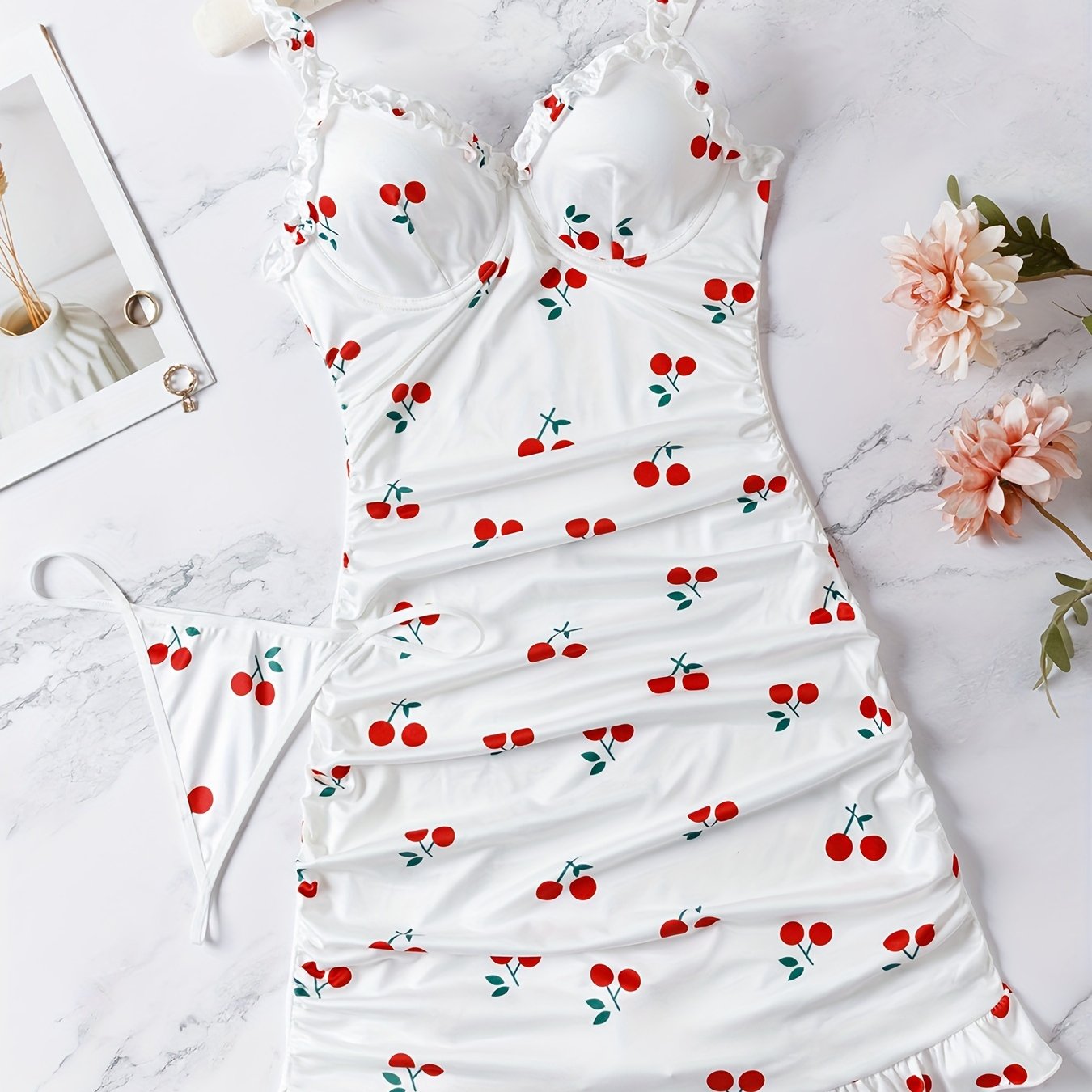 Women's Red Cherry Print Nightdress Set with Thong