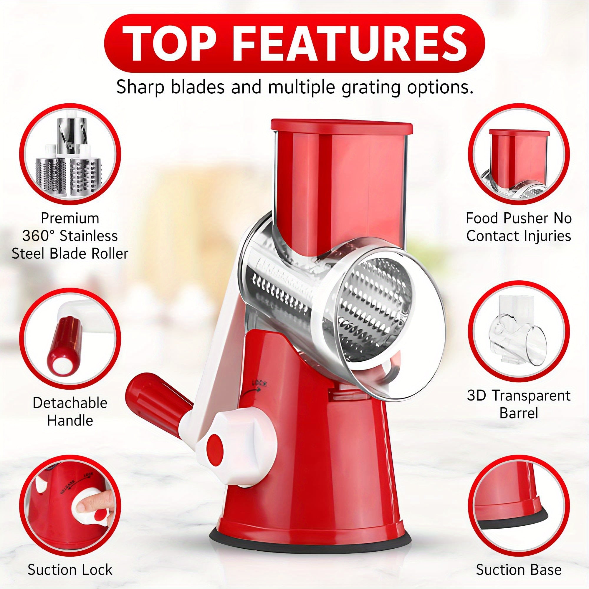 3-in-1 Manual Food Grater with Replaceable Blades for Cheese Vegetables Fruits