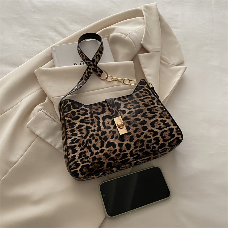 Leopard Print Faux Leather Shoulder Bag with Zipper Closure and Classic Clasp