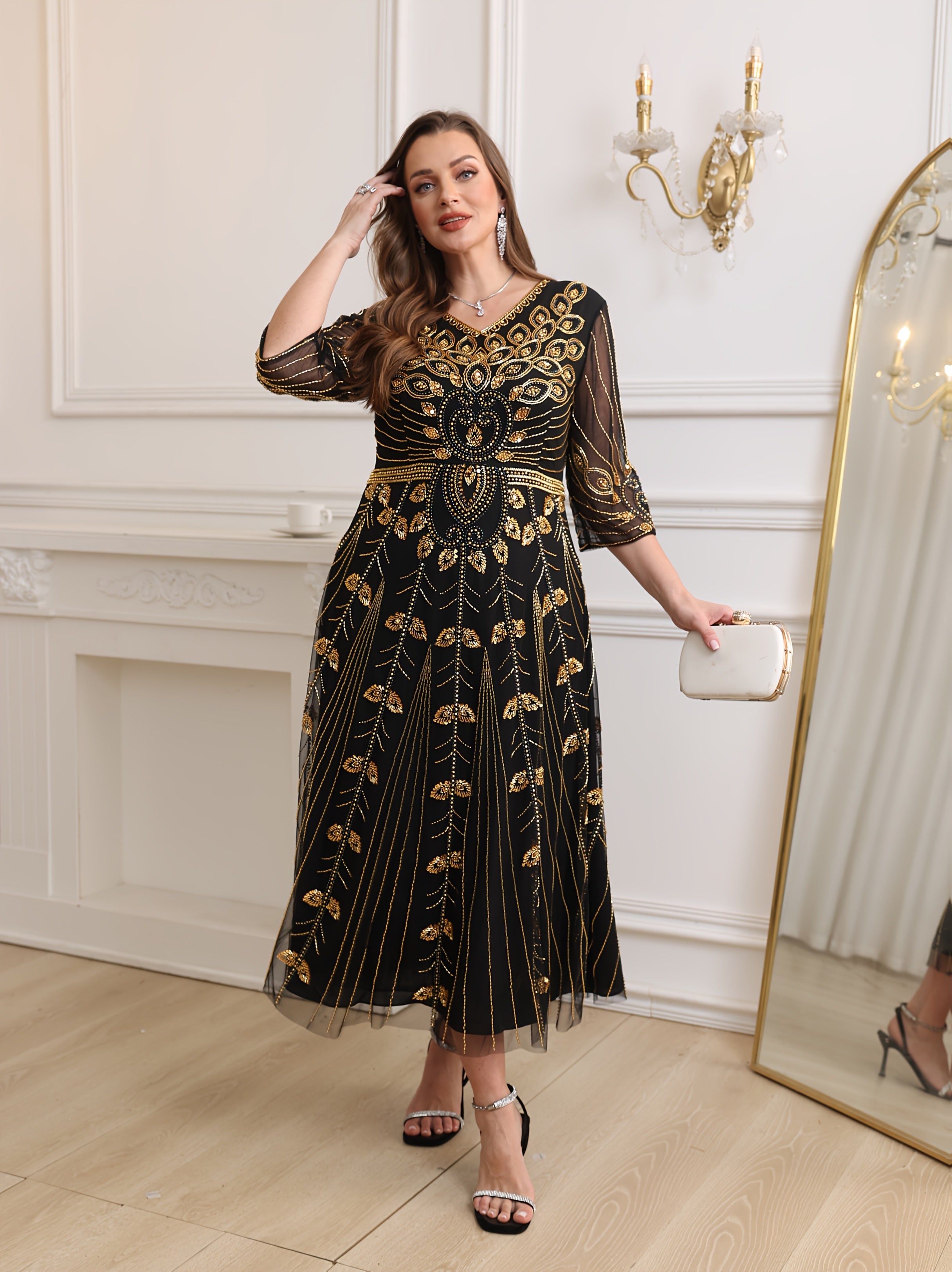 Women's Black Gold Sequin Beaded Evening Dress V-Neck Half-Sleeve