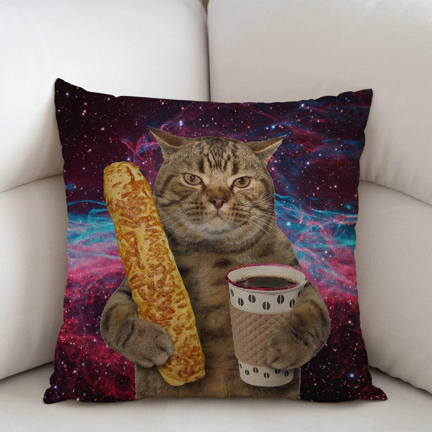 Galaxy Cat Decorative Throw Pillow Cover 45cm Square Funny Feline Baguette Coffee