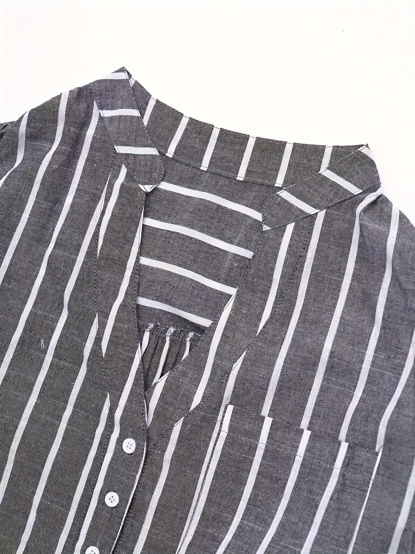 Plus Size Stripes Print Blouse V Neck Button Long Sleeve Pocket Casual Women