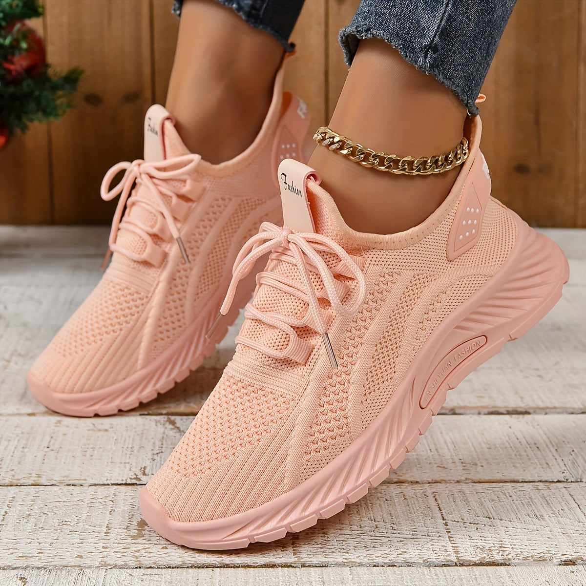 Women's White Knit Fabric Sneakers with EVA Sole and Breathable Lace-Up Design