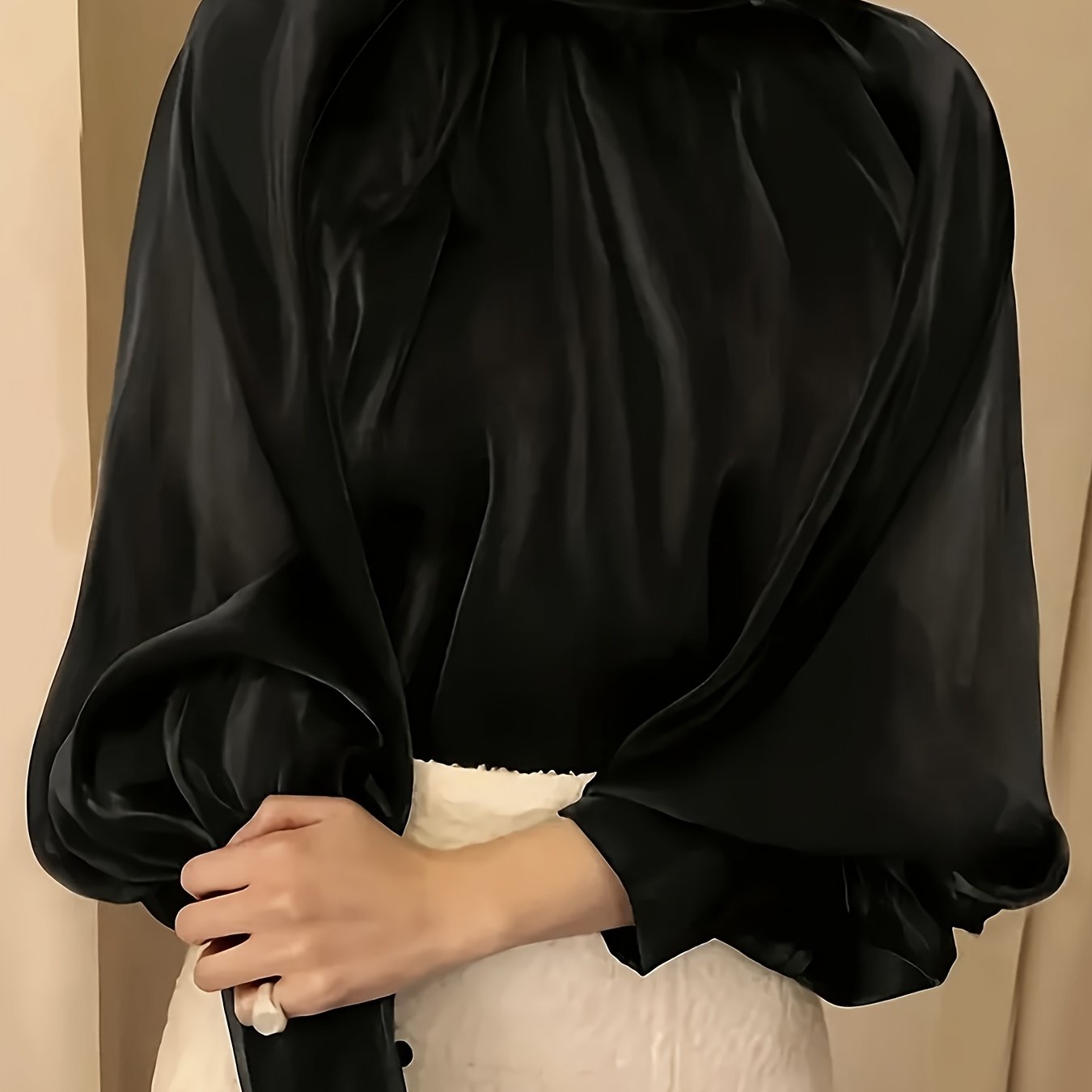 Black Satin Blouse for Women Lantern Sleeves High Neck Loose Fit Button Detail