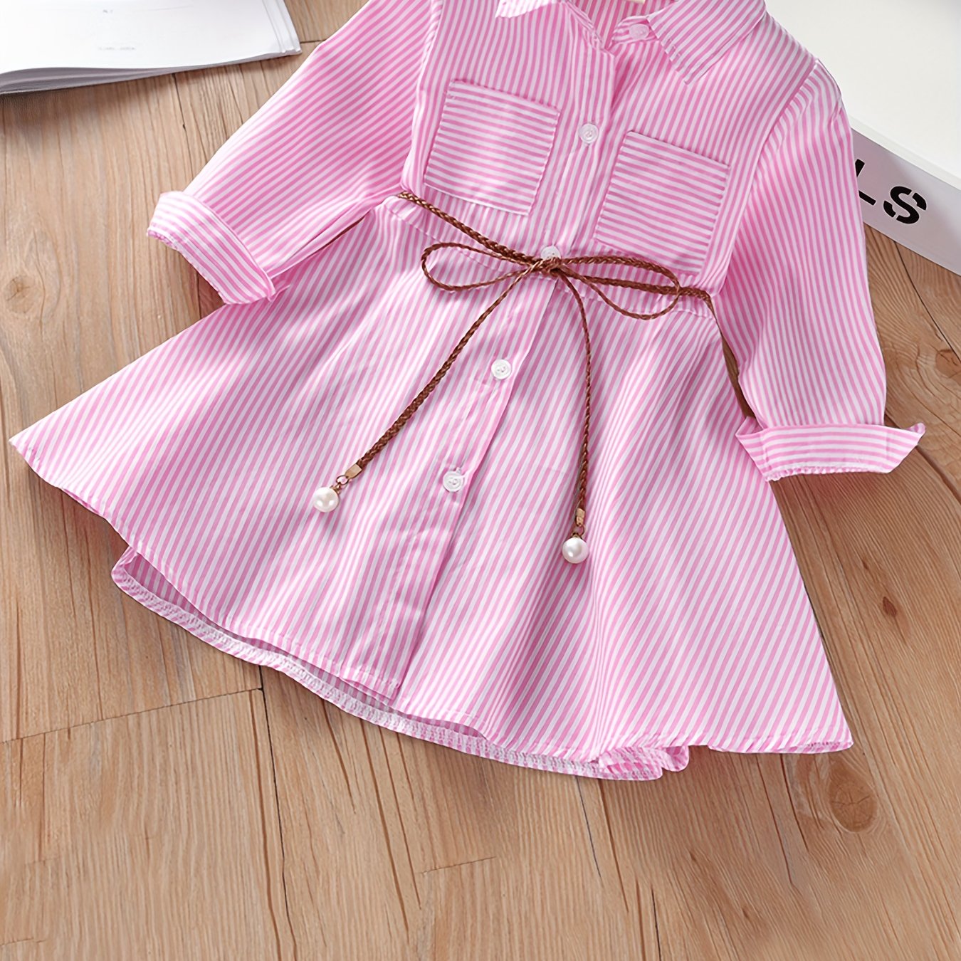Girls' Striped Cotton Blend Shirt Dress with Pockets for Spring Summer Fall, One Size Smaller