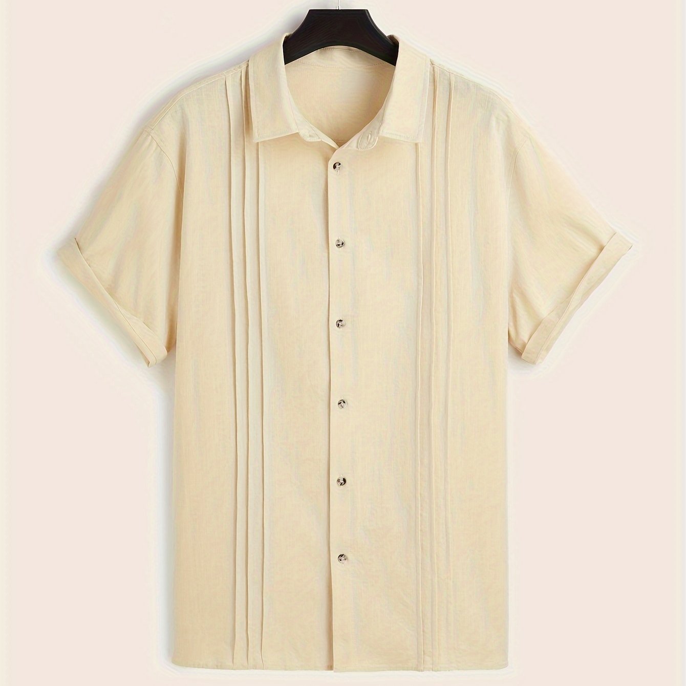 Paxta erkaklar uchun tasodifiy ko'ylak, yuqori bo'yin, oddiy kesim, bir xil rang, to'qilgan mato, tugma yopilishi, qirralangan tafsilotlar, katta o'lcham.