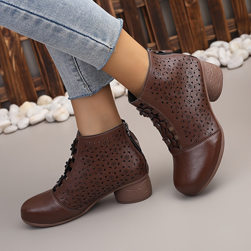 Women Retro Ankle Boots Faux Cover Chunky Heel Zipper Mid-Heel