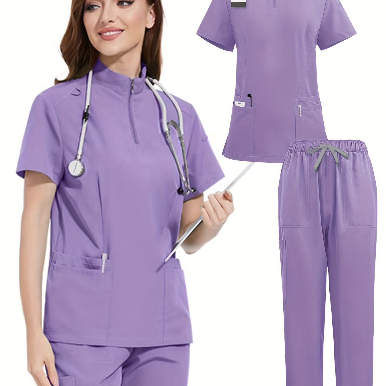 Women's Polyester Scrubs Set with Zipper Polo Top and Jogger Pants for Spring