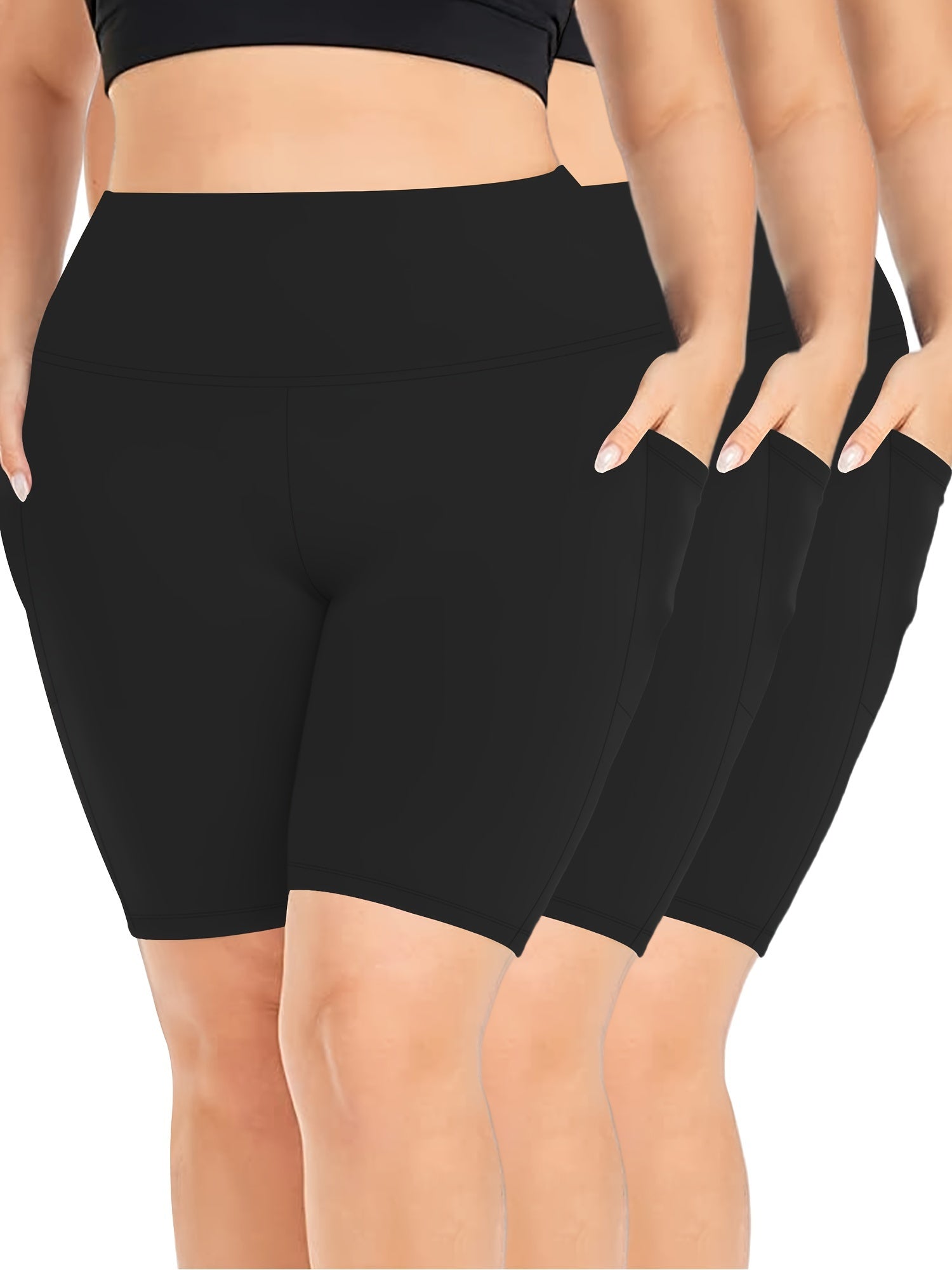 Plus Size High-Waist Stretch Shorts with Pockets Polyester Blend 3-Pack