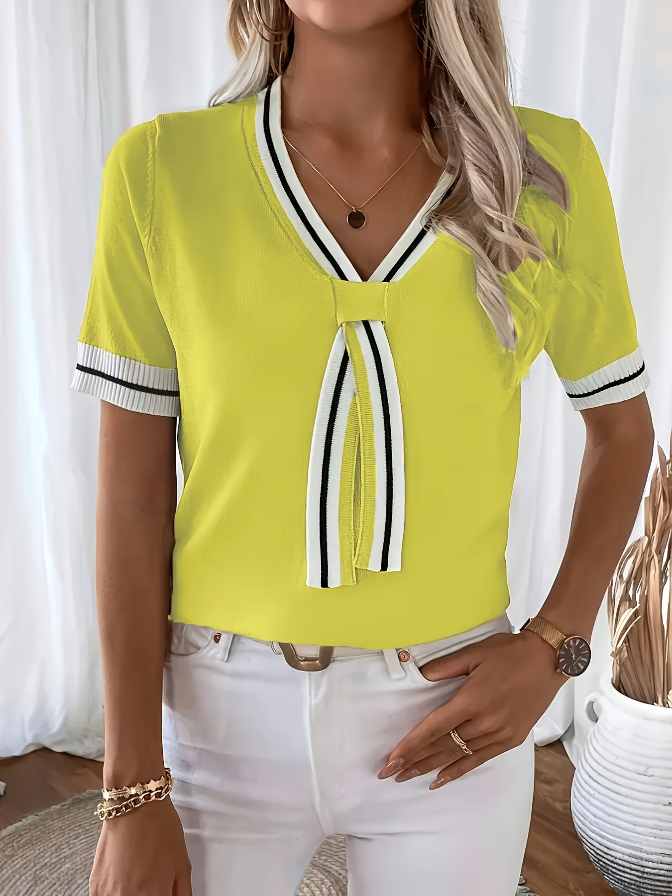 Plus Size Blue Rice Leaf Short Sleeve Top Spliced Collar