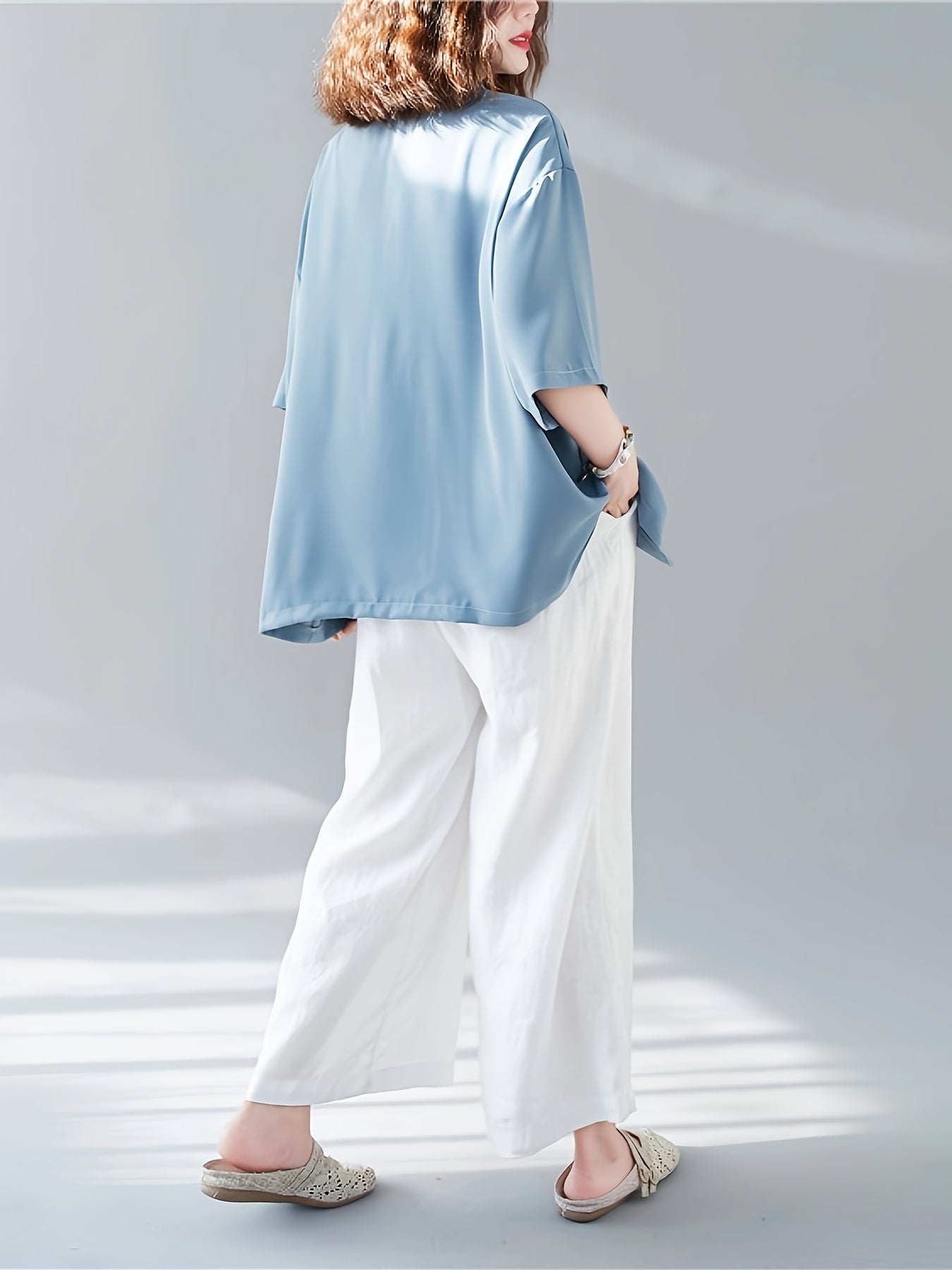 Women's Plus Size Light Blue Open Front Blazer Casual Long Sleeve Jacket