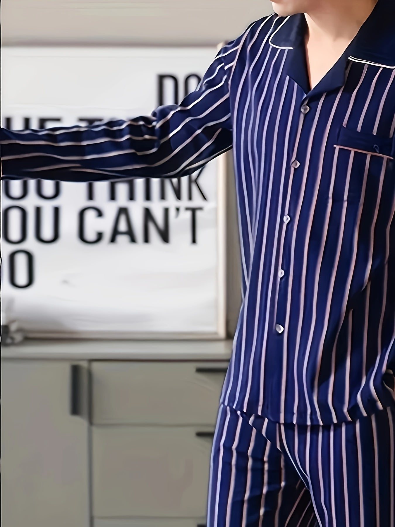 Men's Casual Pajama Set Polyester Knit Striped Fall Winter Regular Fit