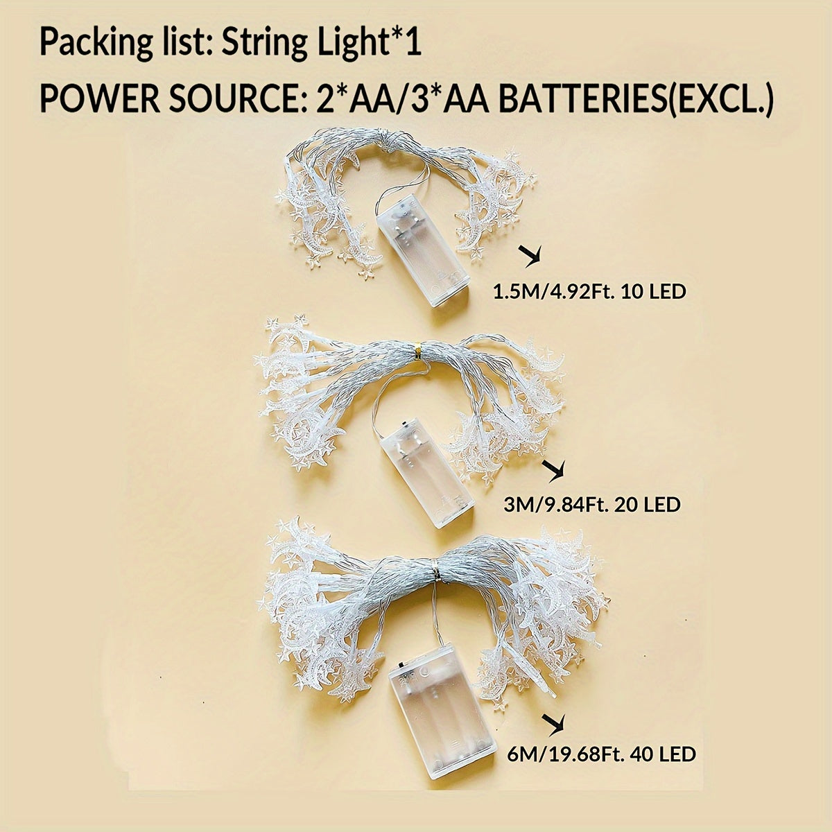 Battery Powered Star and Moon String Lights for Home Decor Indoor Festive Holiday Christmas Ramadan