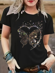 Women's Black Short Sleeve T-Shirt with Shiny Butterfly Print Casual Top