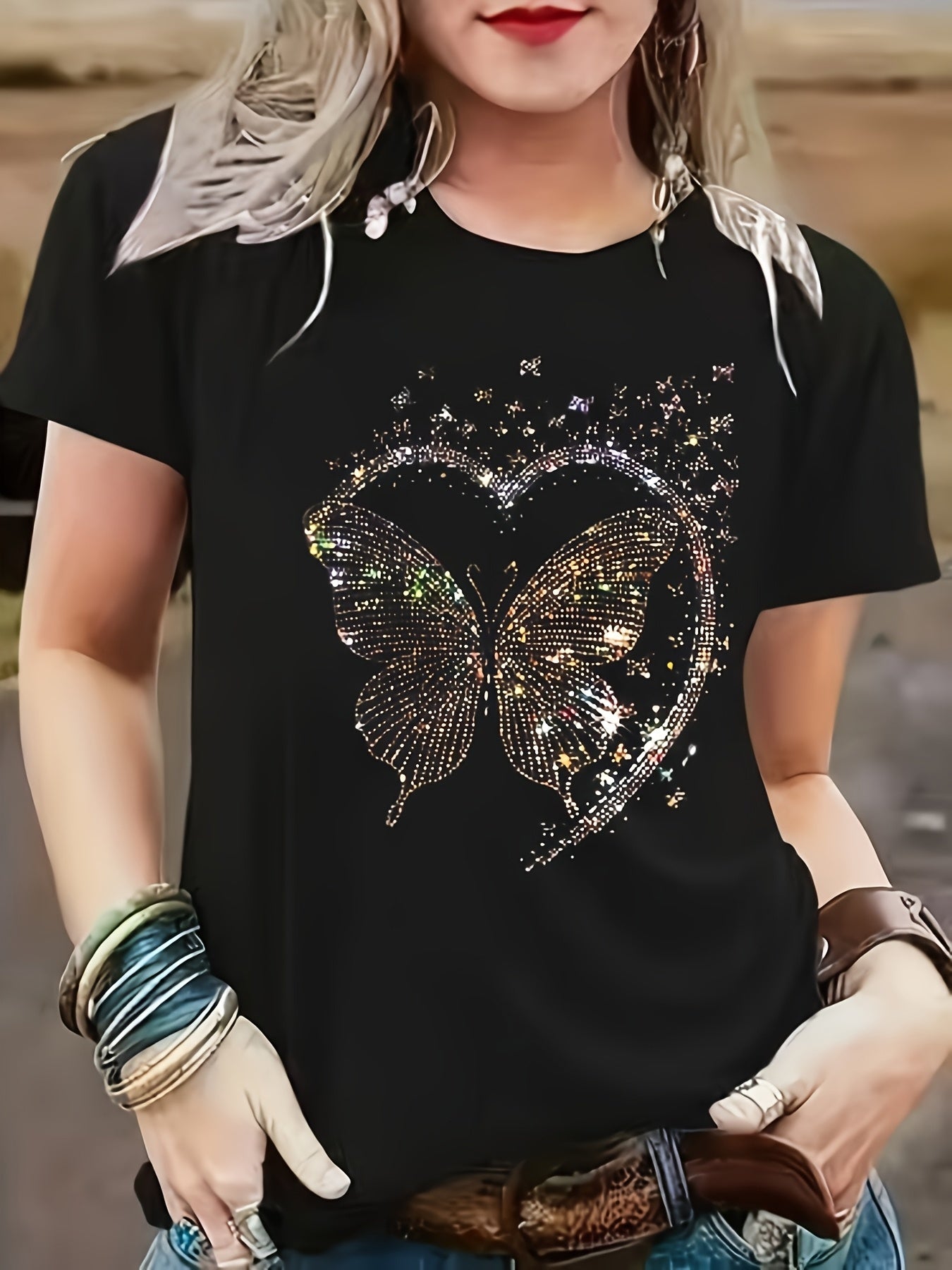 Women's Black Short Sleeve T-Shirt with Shiny Butterfly Print Casual Top