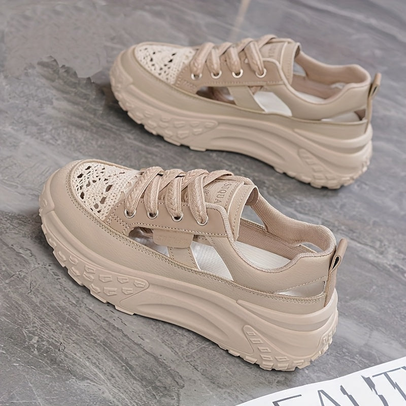 Women's Breathable Mesh Sneakers Summer Walking Shoes Casual Lace-Up Beige Black