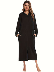 Women's Hooded Zip-Up Lounge Dress Solid Long Sleeve Casual Knit Fabric