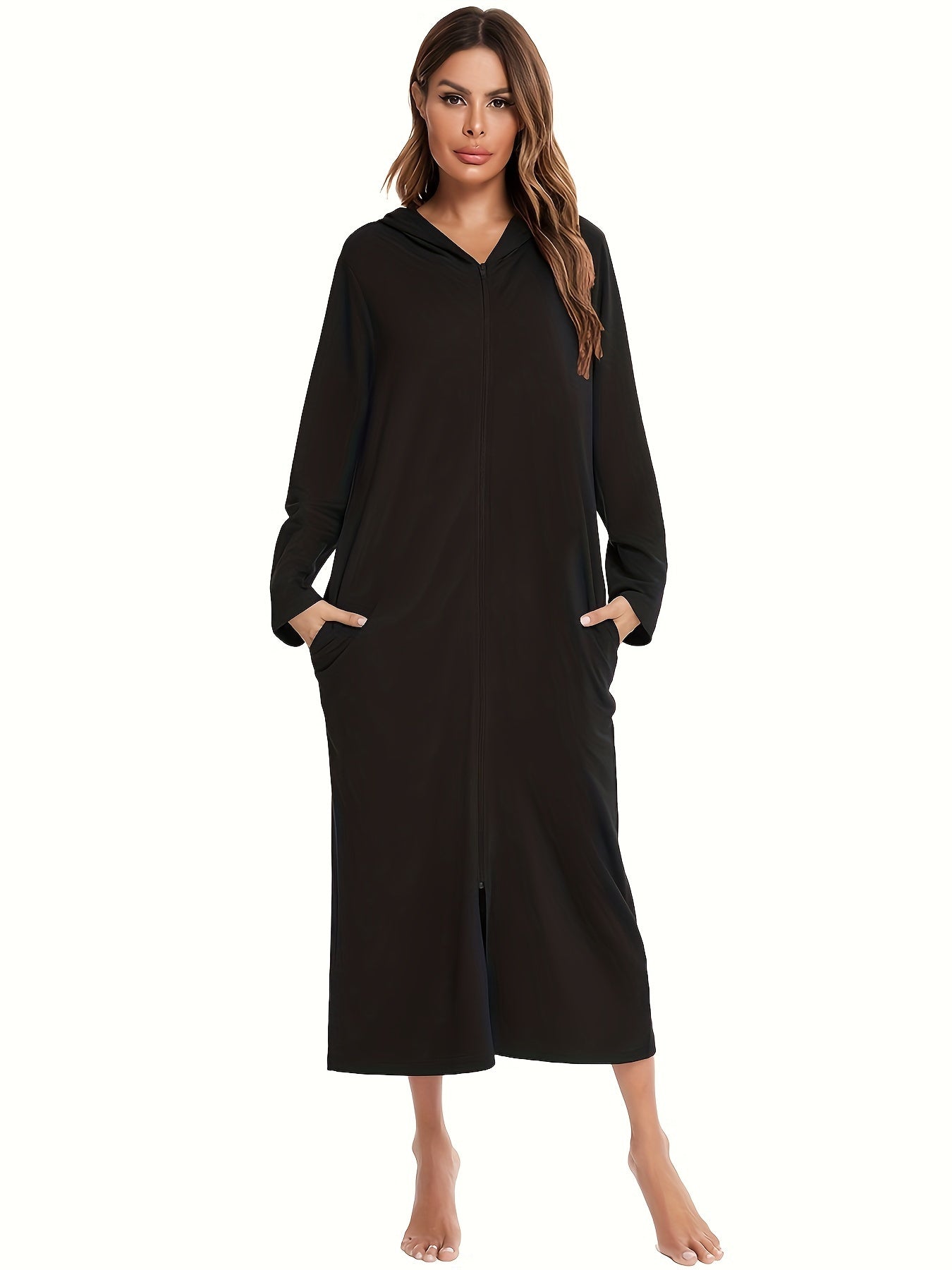 Women's Hooded Zip-Up Lounge Dress Solid Long Sleeve Casual Knit Fabric