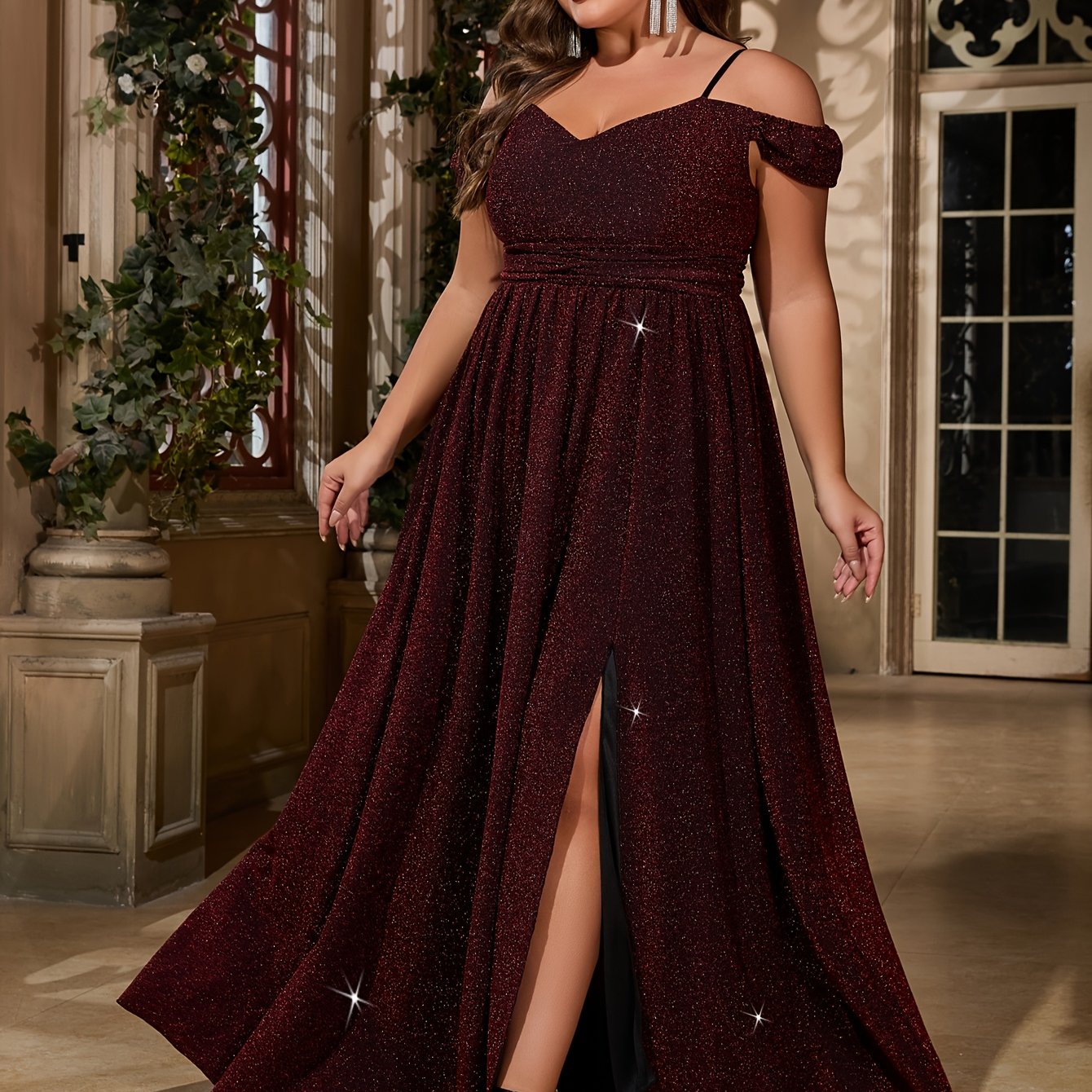 Plus Size Off-Shoulder Glittery Maroon Bridesmaid Dress Long Gown