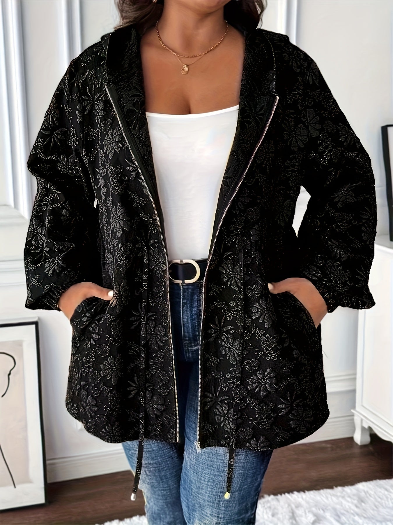 Толстовка с цветочным жаккардовым принтом для полных, с карманами и шнурком