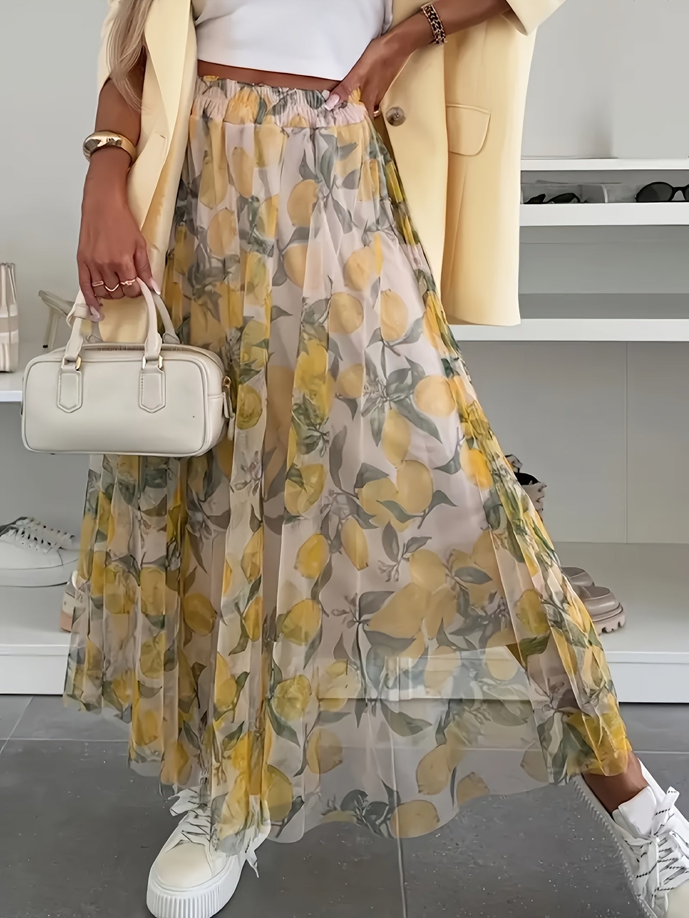 Falda midi de chiffon para mujer talla grande con estampado floral en amarillo y blanco, casual o semi-formal
