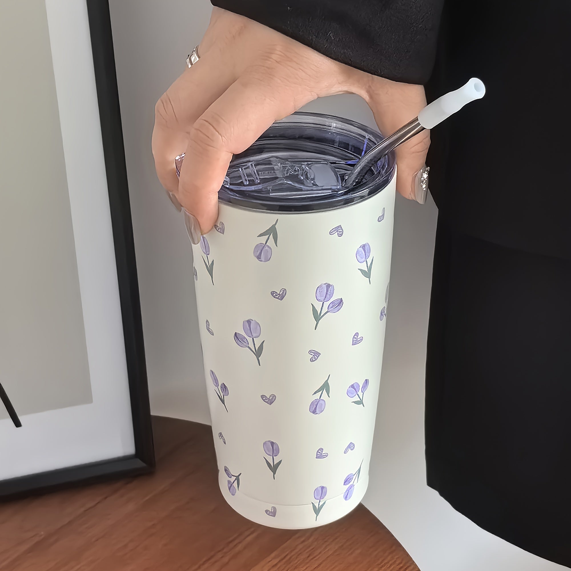 Purple Love Tulip Tumbler 16oz Double Walled Stainless Steel Water Bottle Travel Drinkware