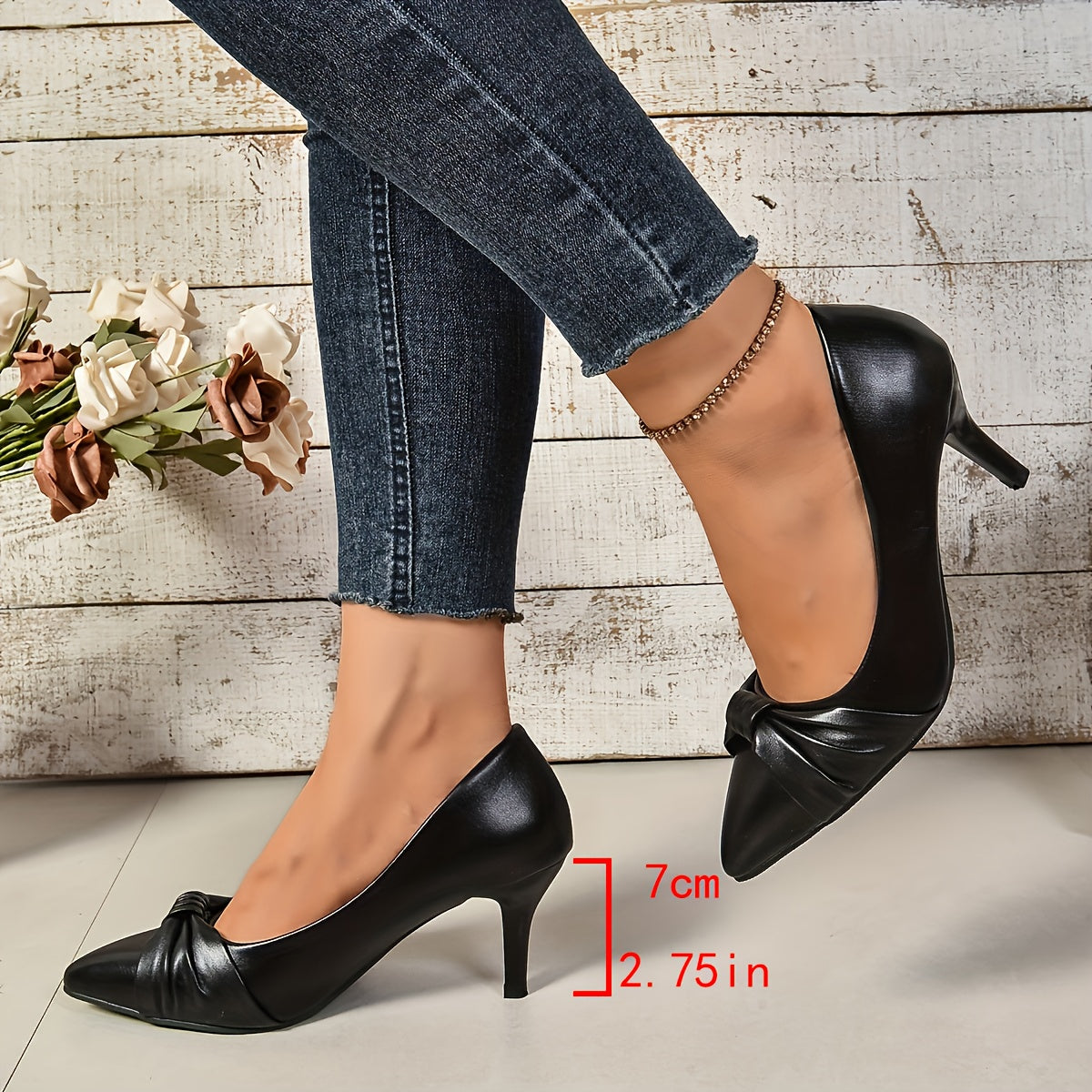 Women's Black PU High Heels Pointed Toe Bow Dress Shoes