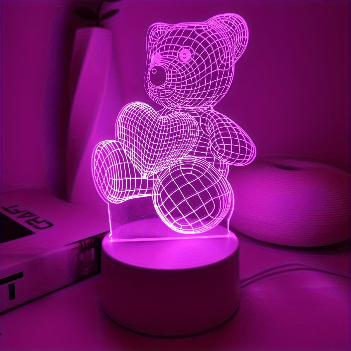 3D Pink Heart Bear Night Light USB Powered Switch Control Modern Bedroom Decor