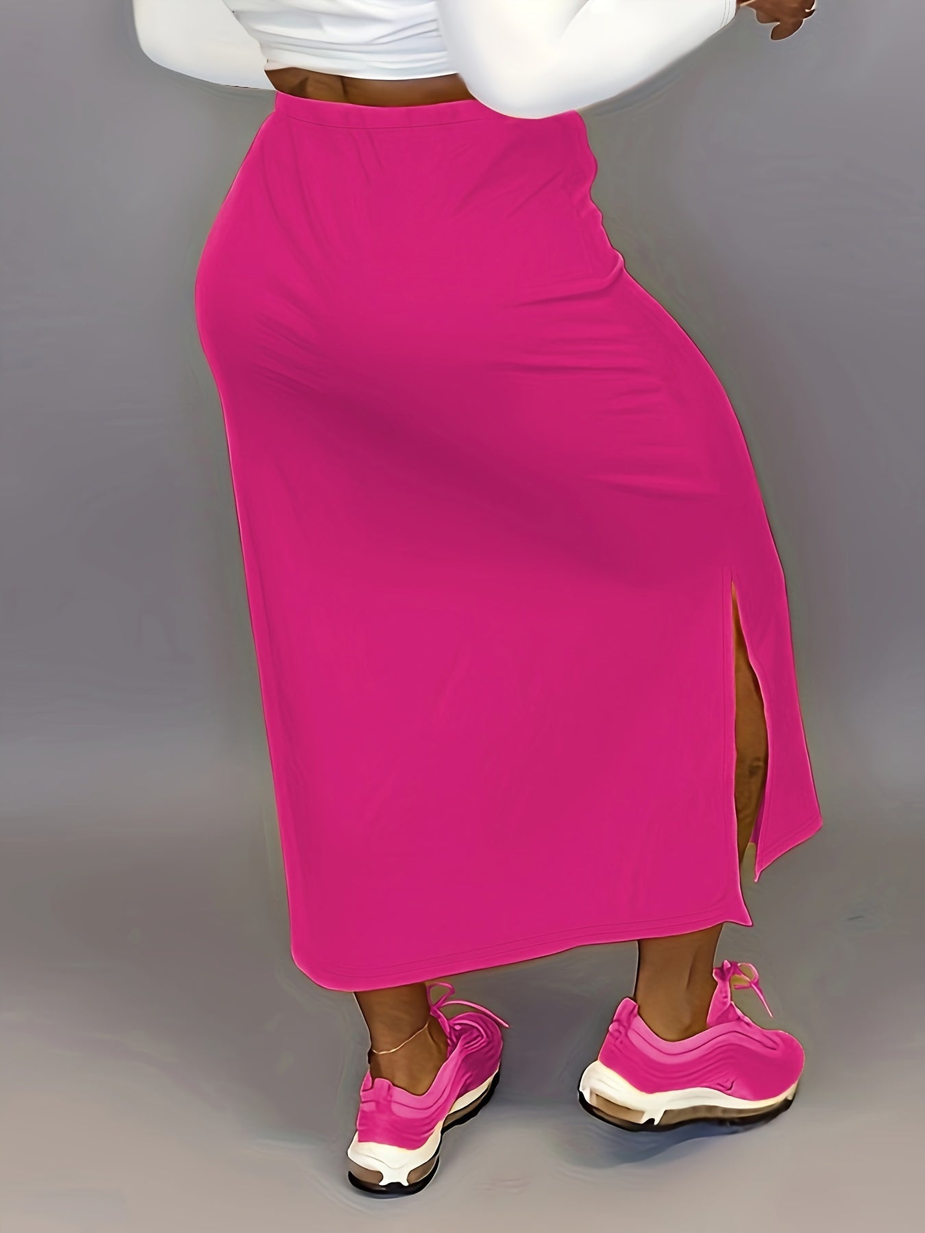 Falda de mujer de talla grande de cintura alta en línea A con abertura lateral, elástica, de color sólido y casual