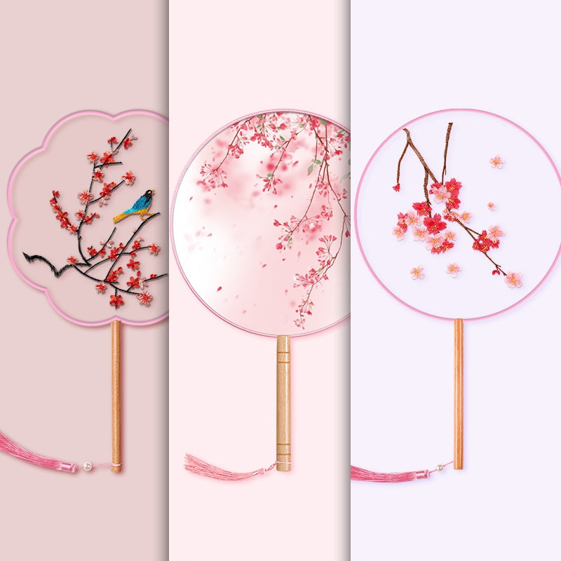 Girls Long Handle Dance Fan Traditional Hanfu Qipao Embroidered Summer Fan