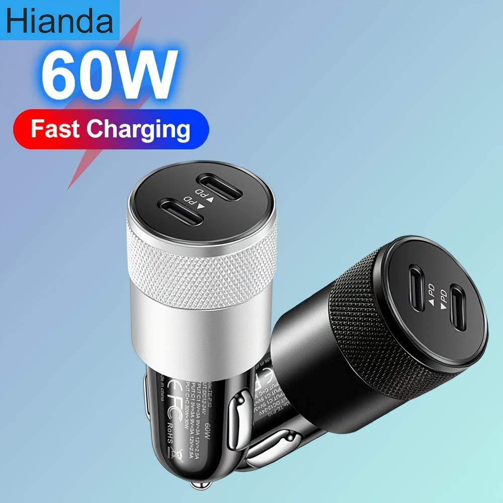 Dual USB-C Car Charger 60W Fast Charging Adapter with Quick Charge 3.0