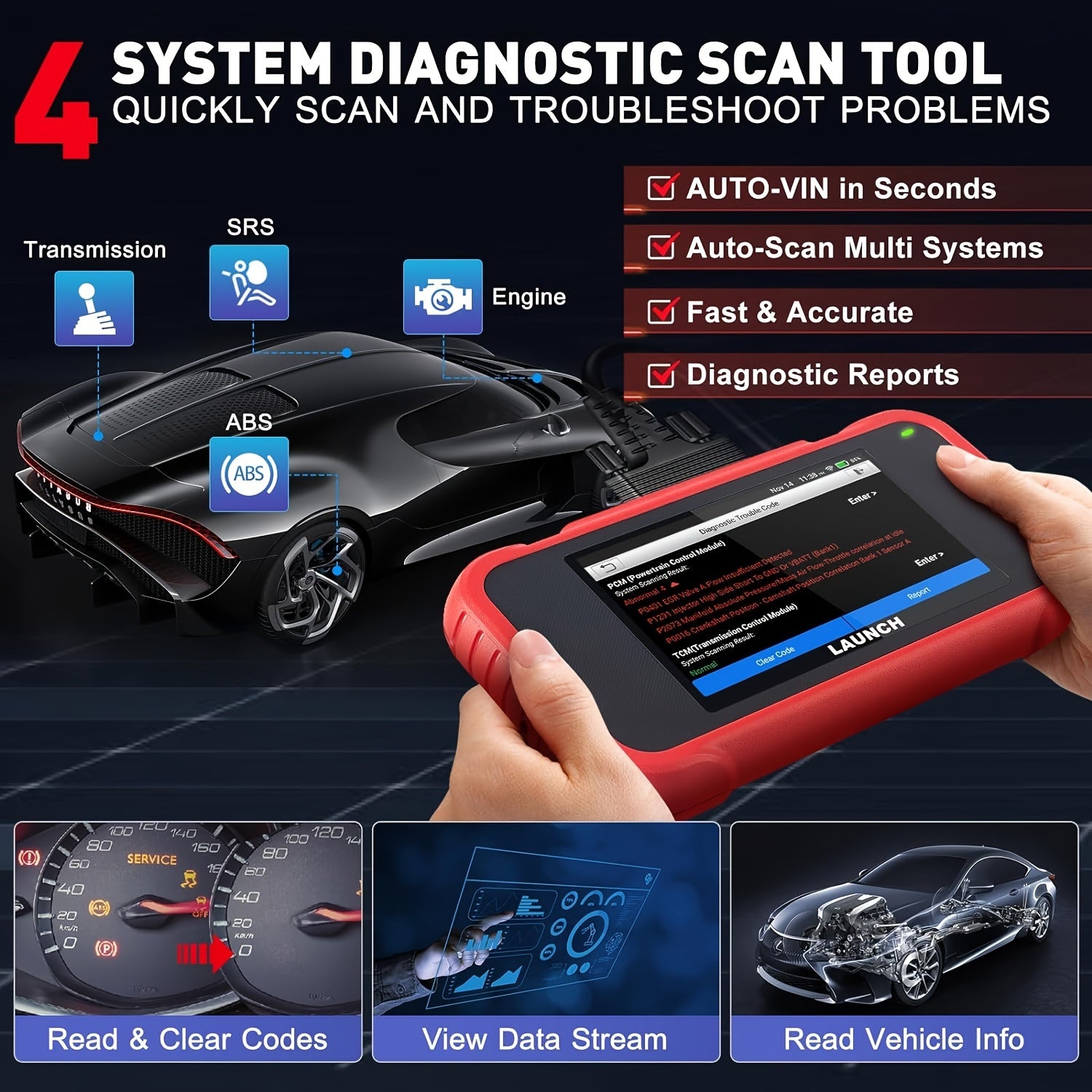 OBD2 Scanner Car Code Reader with Oil Reset SAS Reset Battery Test AutoVIN for All Vehicles