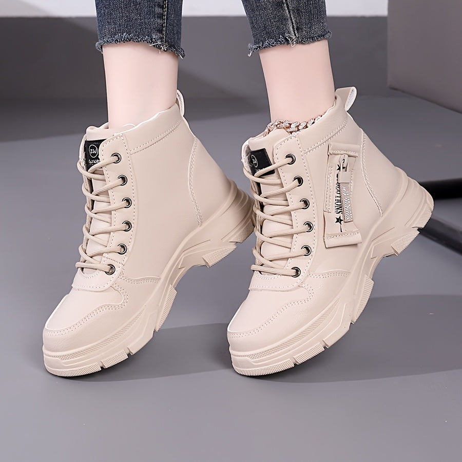 Women'S High-Top Sneakers Leather Zipper Casual Shoes White