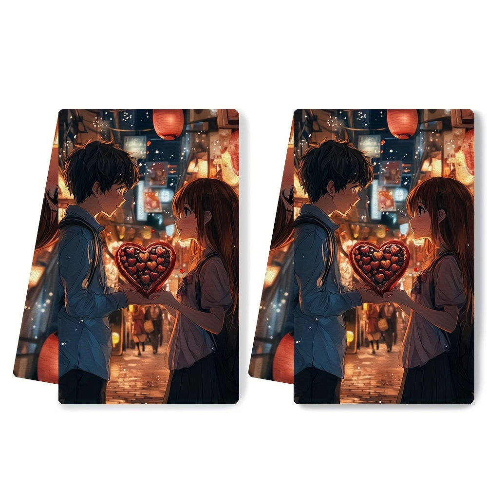 Set of 2 Ultra-Soft Kitchen Towels with Anime Boy and Heart Design