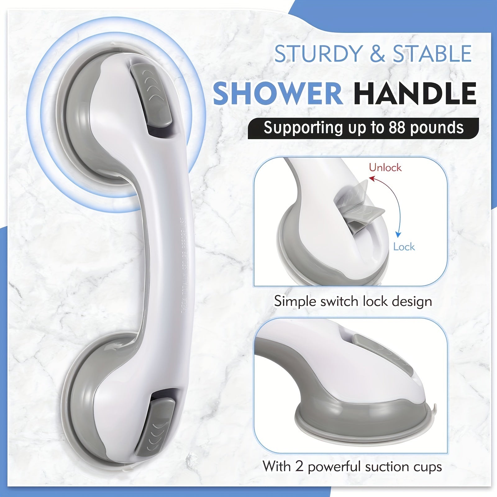 Set of Two Plastic Suction Grab Bars for Elderly Bathroom Safety No-Drill Anti-Slip Handrails