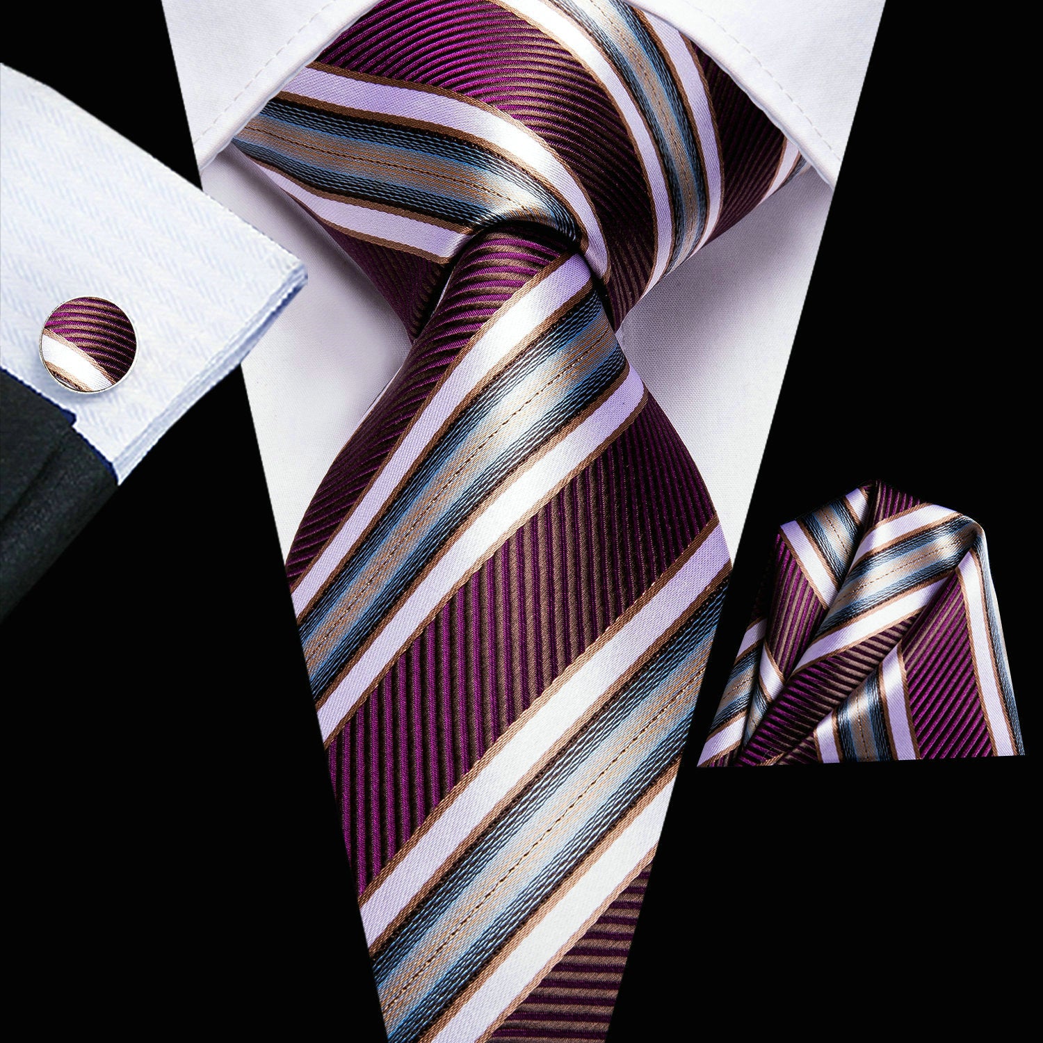 Men's Classic Striped Necktie Set with Cufflinks for Business and Party