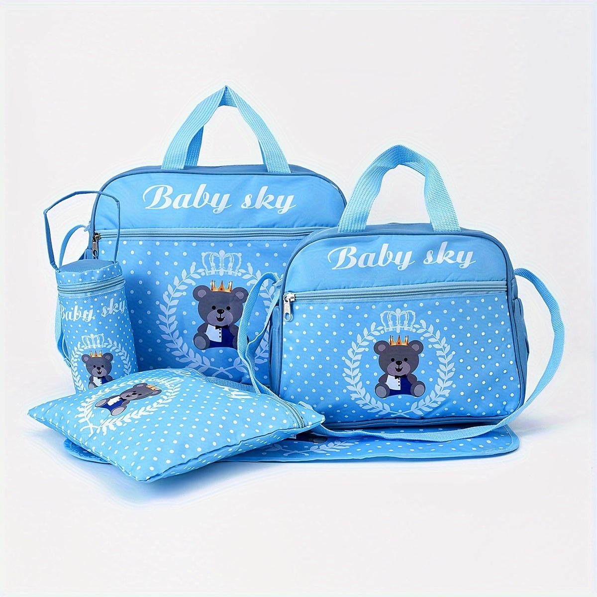 5-Piece Diaper Bag Set with Teddy Bear Print Tote and Accessories for Parents