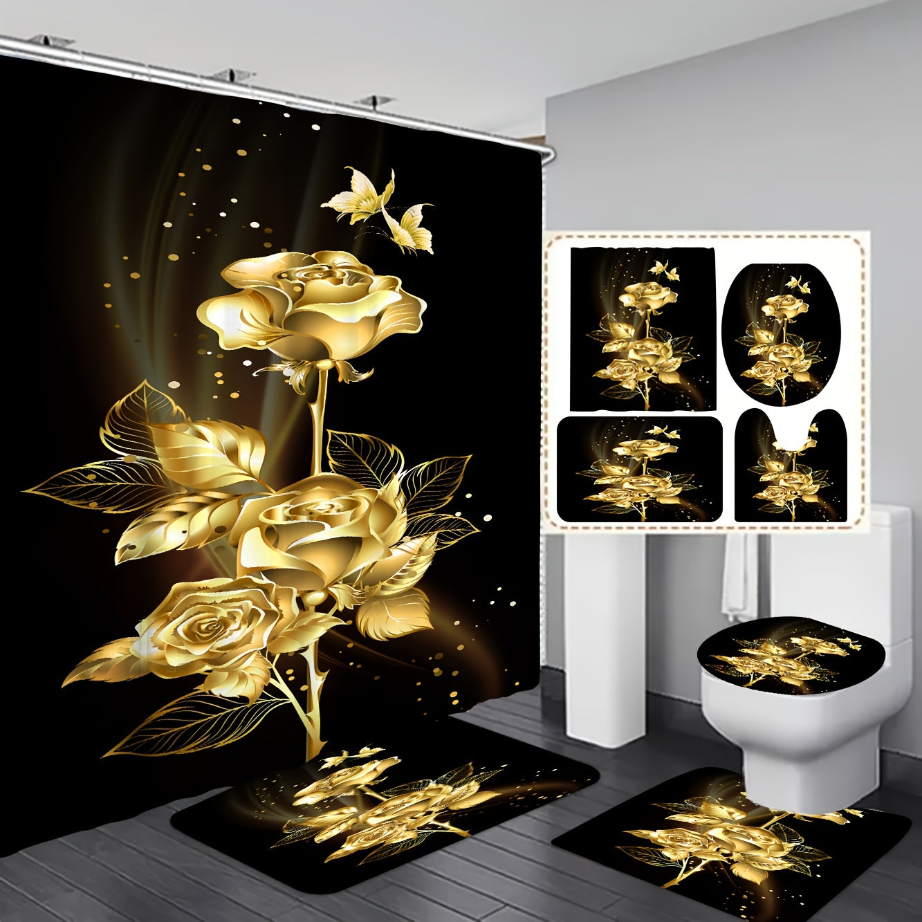 Black and Gold Bathroom Shower Curtain Set with Toilet Accessories