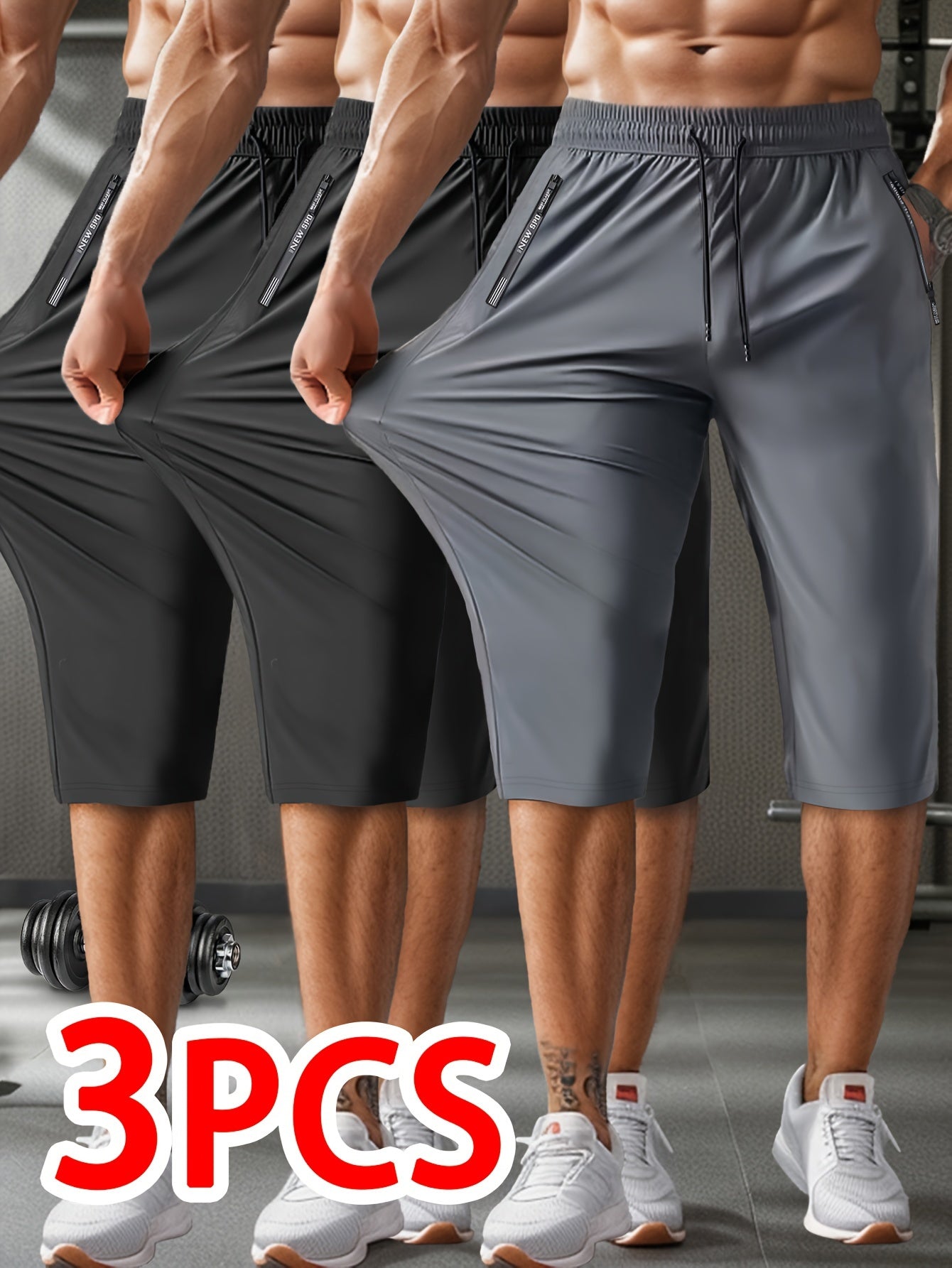 Men's Summer Breathable High-Elastic Drawstring Zip Pocket Sports Capri Pants