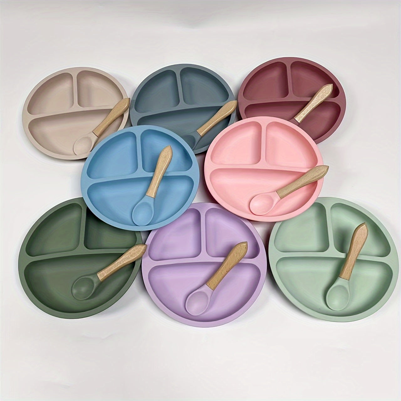 Kids Silicone Suction Plates with Spoon BPA-Free Non-Slip Divided Microwave Dishwasher Safe