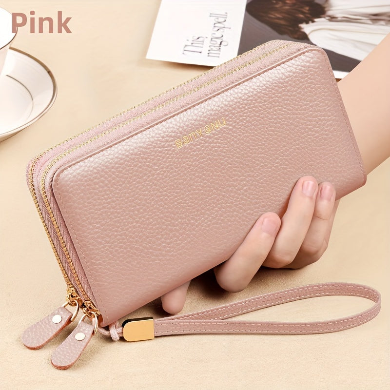 Women's Genuine Leather Wallet with Wristlet Burgundy Large Capacity Double Zip RFID Blocking