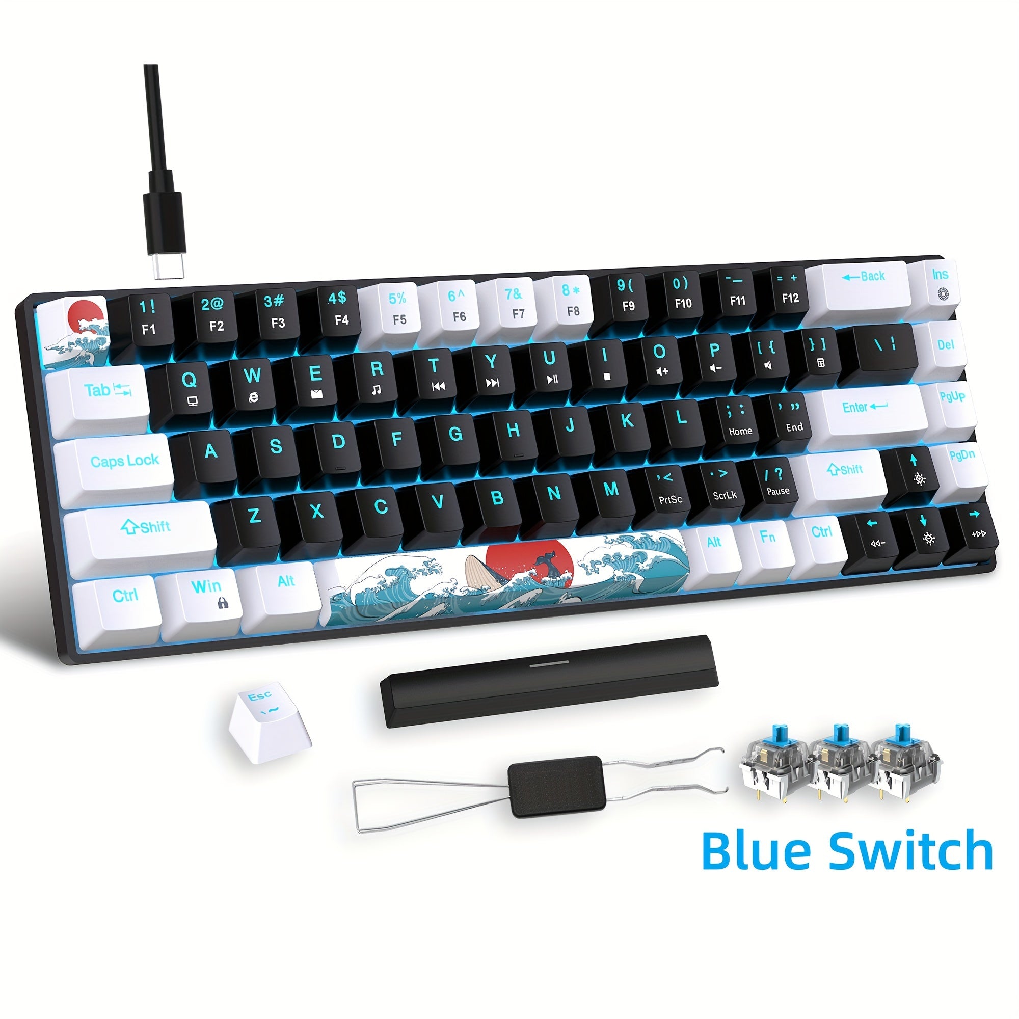 Mechanical Gaming Keyboard 68 Keys Blue Switch Backlit USB-C Windows Mac Laptop