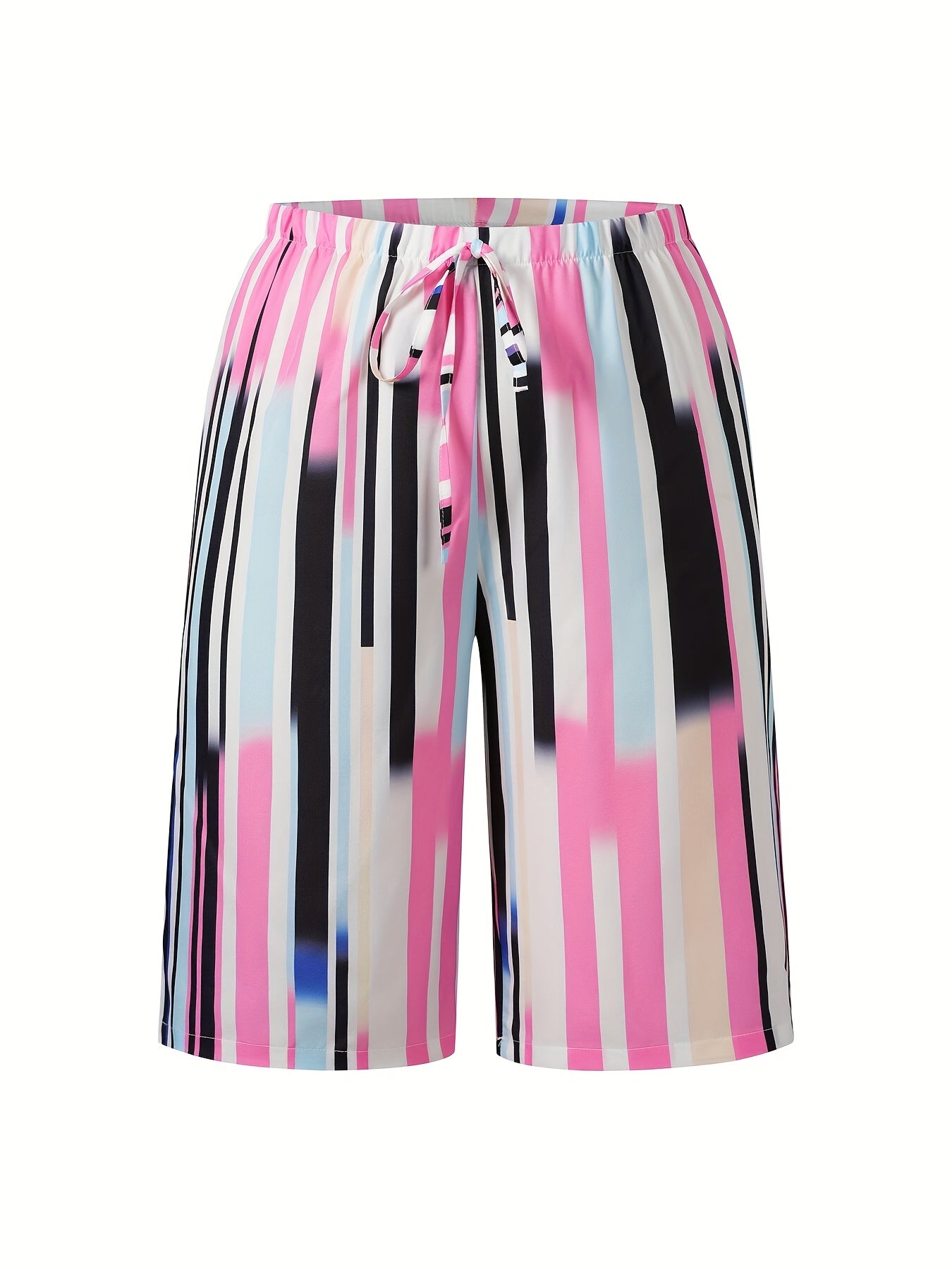 Элегантные капри для полных женщин в полоску с высокой талией из полиэстера, прямой крой